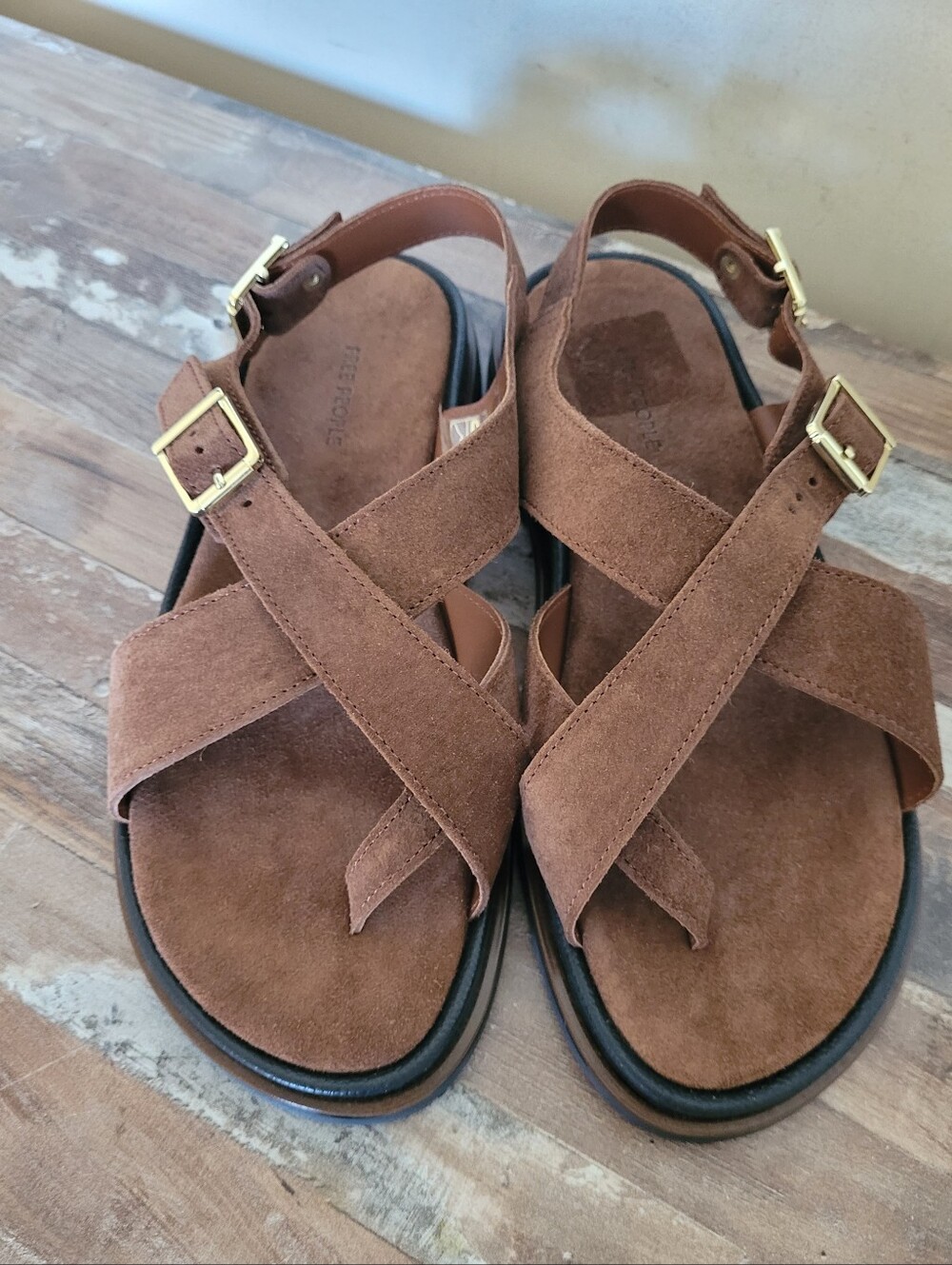 Free People Suede Leather Sandals With Gold Tone Hardwear